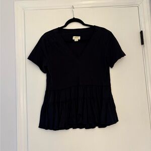 Anthropologie Black V-Neck Peplum Short-Sleeve Top